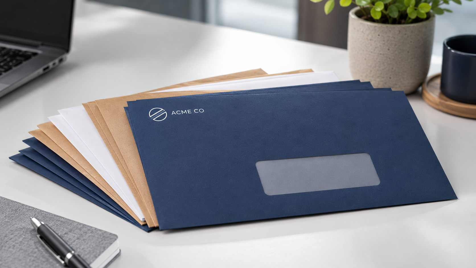 Full-color printed envelope mailers stacked on a direct-mail fulfillment desk